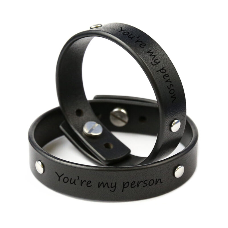 Personalized black leather bracelets for a couple