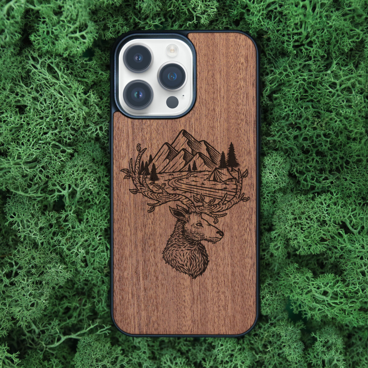 Deer And Mountains Wooden iPhone Case For iPhone 16 15 14 13 12 11 Se 8 7 Mini Plus Pro Max