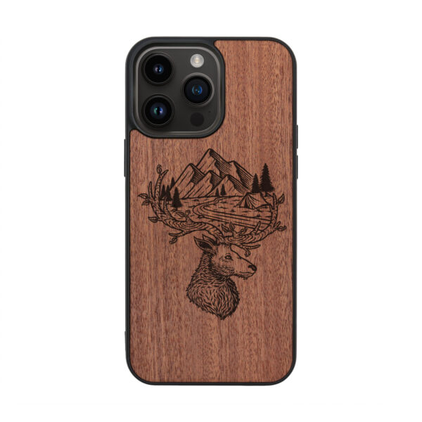 Deer And Mountains Wooden iPhone Case For iPhone 16 15 14 13 12 11 Se 8 7 Mini Plus Pro Max