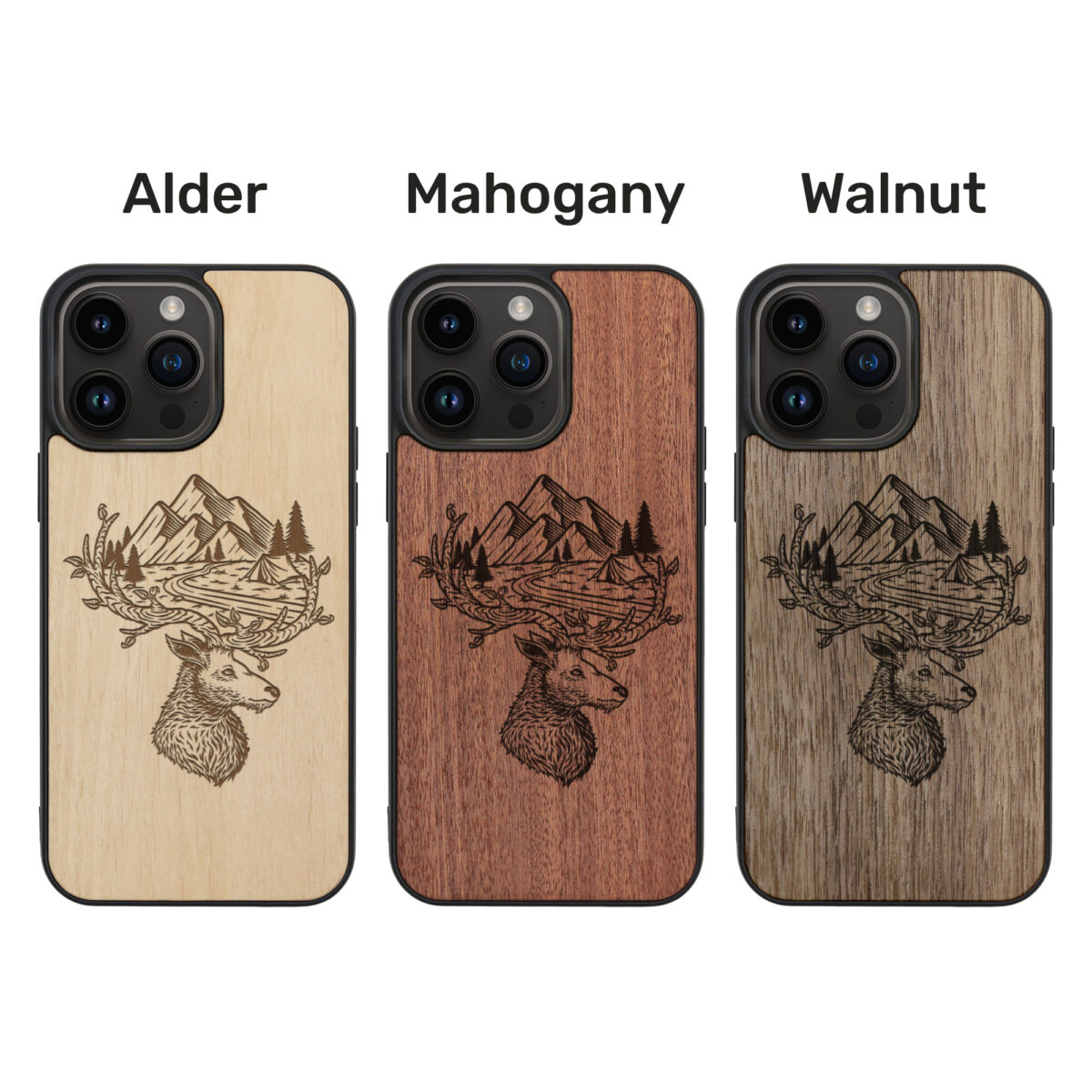 Deer And Mountains Wooden iPhone Case For iPhone 16 15 14 13 12 11 Se 8 7 Mini Plus Pro Max