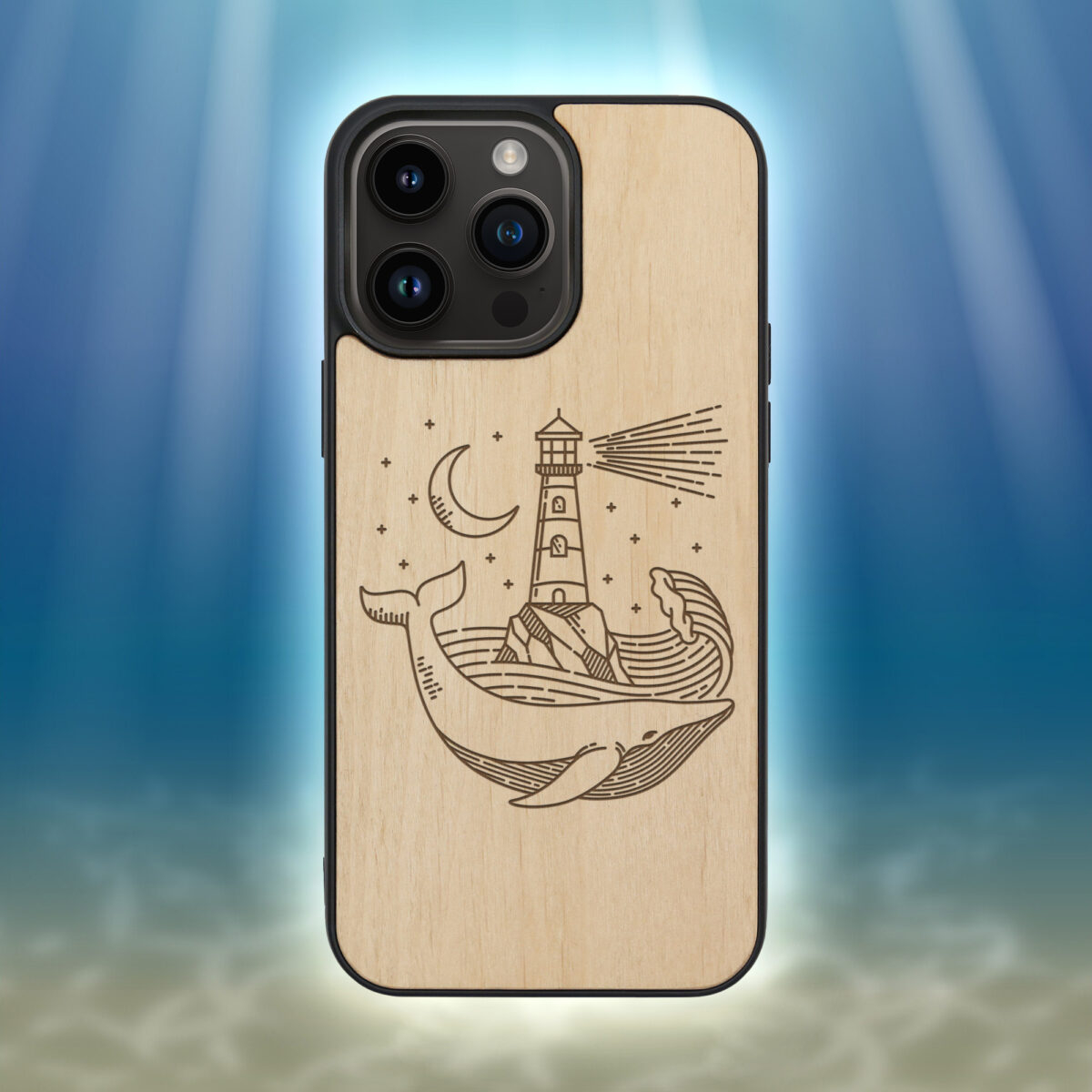 Lighthouse And Whale Wooden iPhone Case For iPhone 16 15 14 13 12 11 Se 8 7 Mini Plus Pro Max