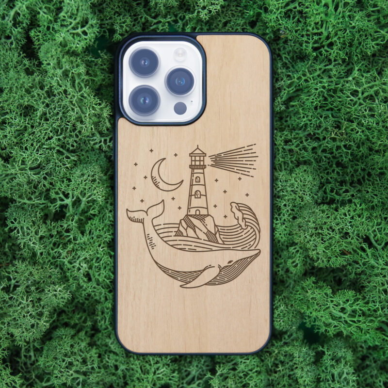 Lighthouse And Whale Wooden iPhone Case For iPhone 16 15 14 13 12 11 Se 8 7 Mini Plus Pro Max