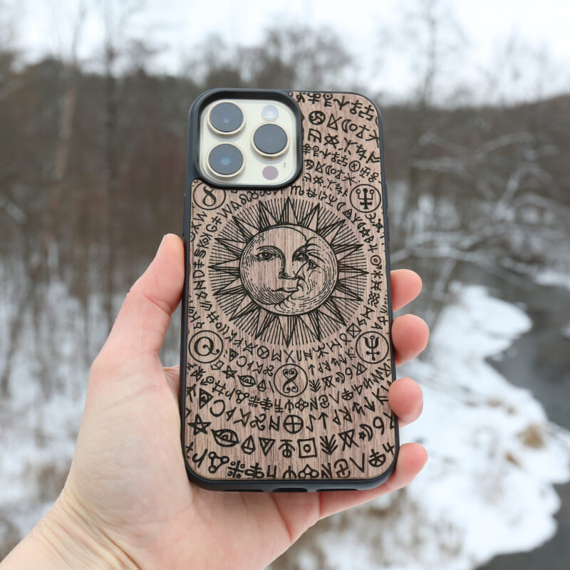 Occult Sun And Moon Wooden iPhone Case For iPhone 16 15 14 13 12 11 Se 8 7 Mini Plus Pro Max