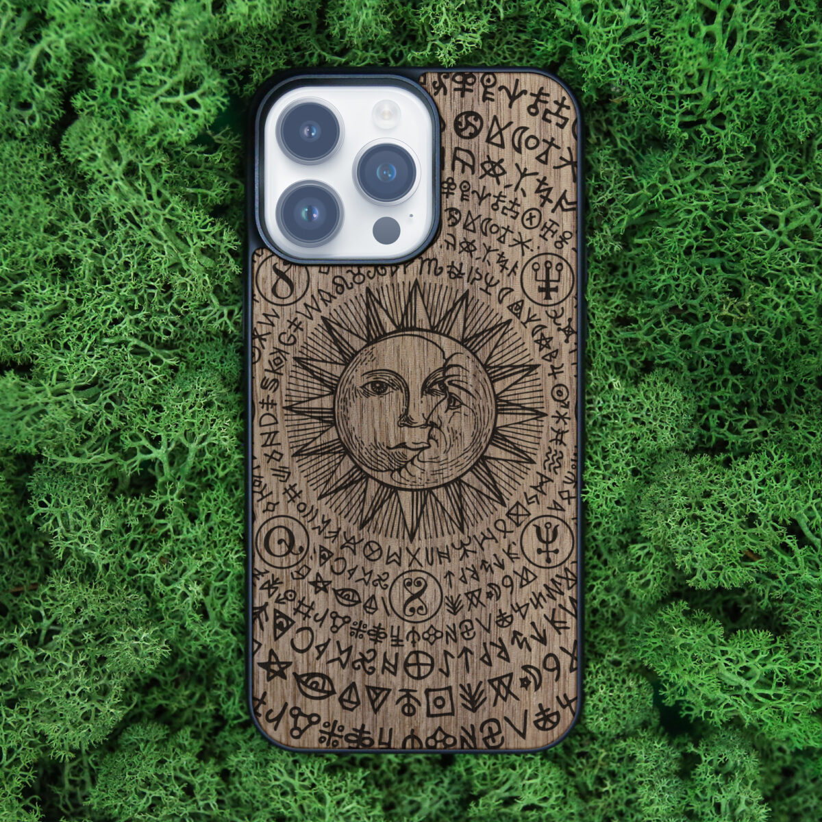 Occult Sun And Moon Wooden iPhone Case For iPhone 16 15 14 13 12 11 Se 8 7 Mini Plus Pro Max