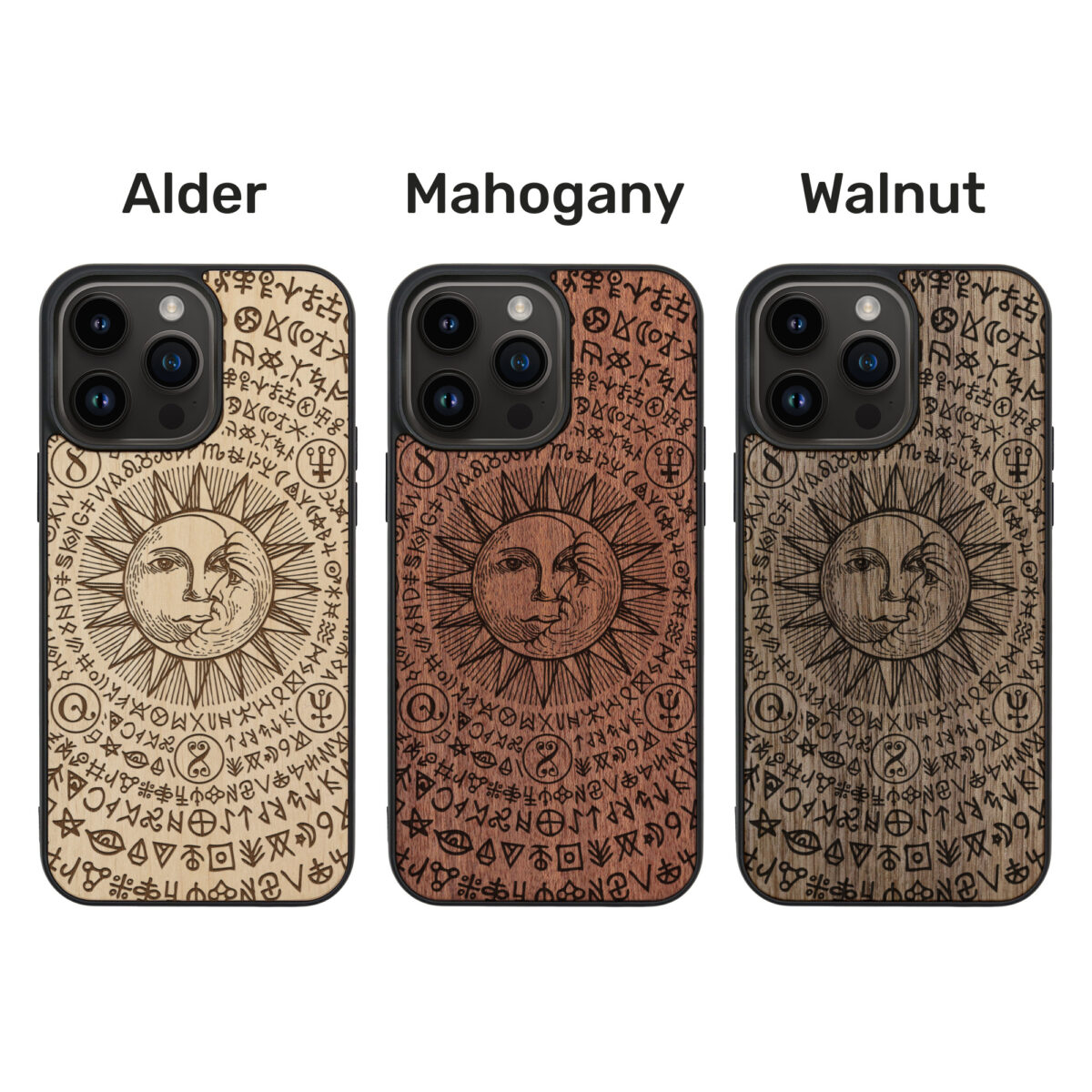 Occult Sun And Moon Wooden iPhone Case For iPhone 16 15 14 13 12 11 Se 8 7 Mini Plus Pro Max