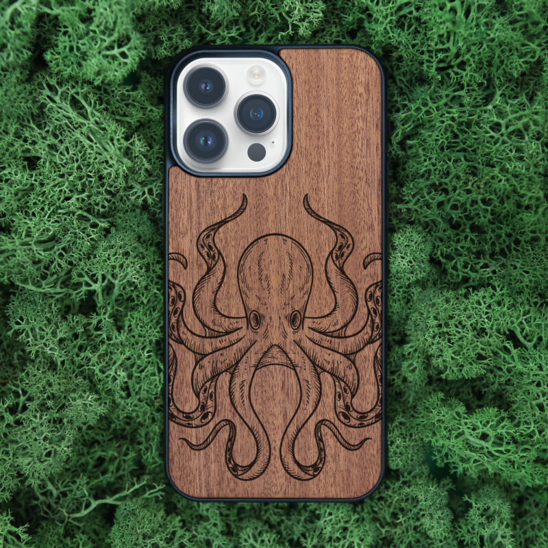 Octopus Wooden iPhone Case For iPhone 16 15 14 13 12 11 Se 8 7 Mini Plus Pro Max