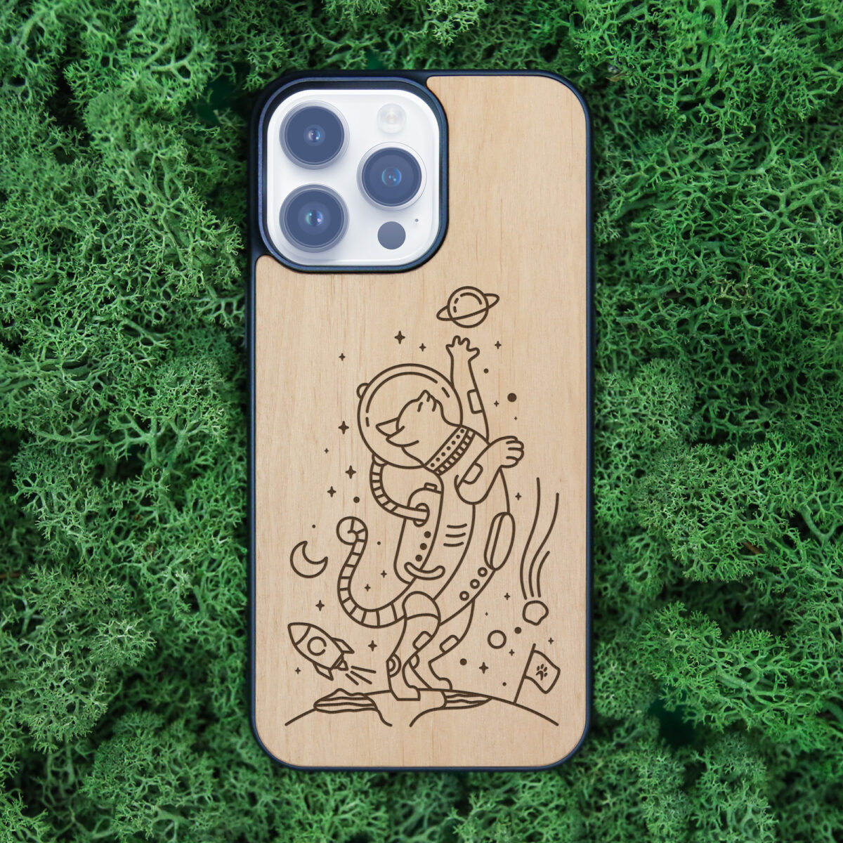 Space Cat Wooden iPhone Case For iPhone 16 15 14 13 12 11 Se 8 7 Mini Plus Pro Max